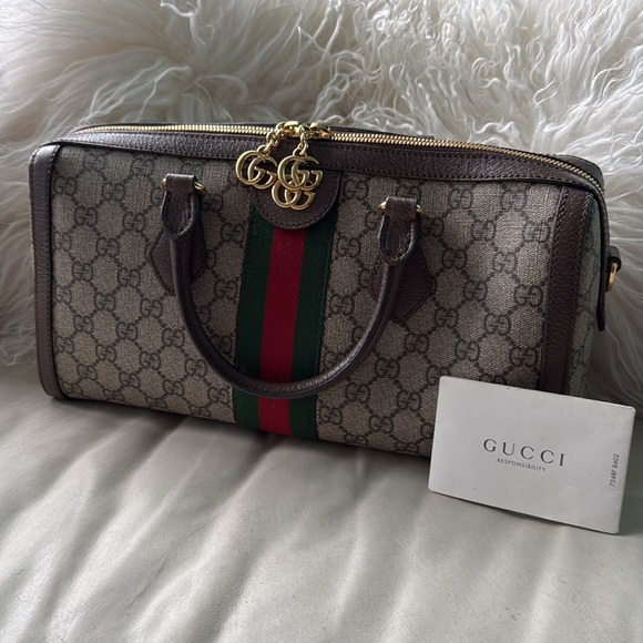 GUCCI GG Supreme Monogram Web Medium Ophidia Boston Bag w/COA and Dustbag - Picture 16 of 17